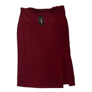 Wine Red Maternity Skirt Over Belly High Waisted Knee Length Split Pencil Skirt